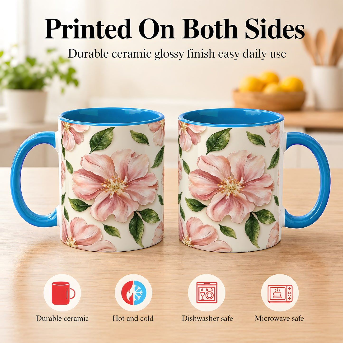 #pl[11oz|Blue] Pink Floral Coffee Mug, Botanical Blossom Mug, Ceramic Cup