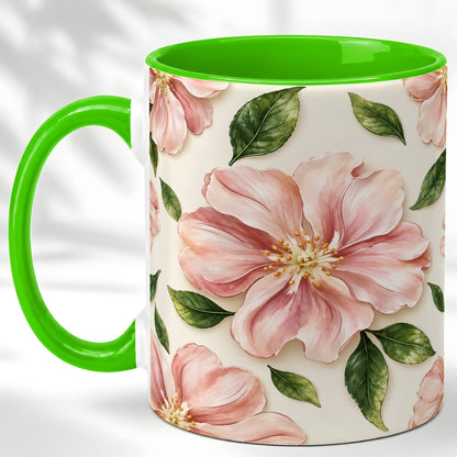 #pl[11oz|Green] Pink Floral Coffee Mug, Botanical Blossom Mug, Ceramic Cup