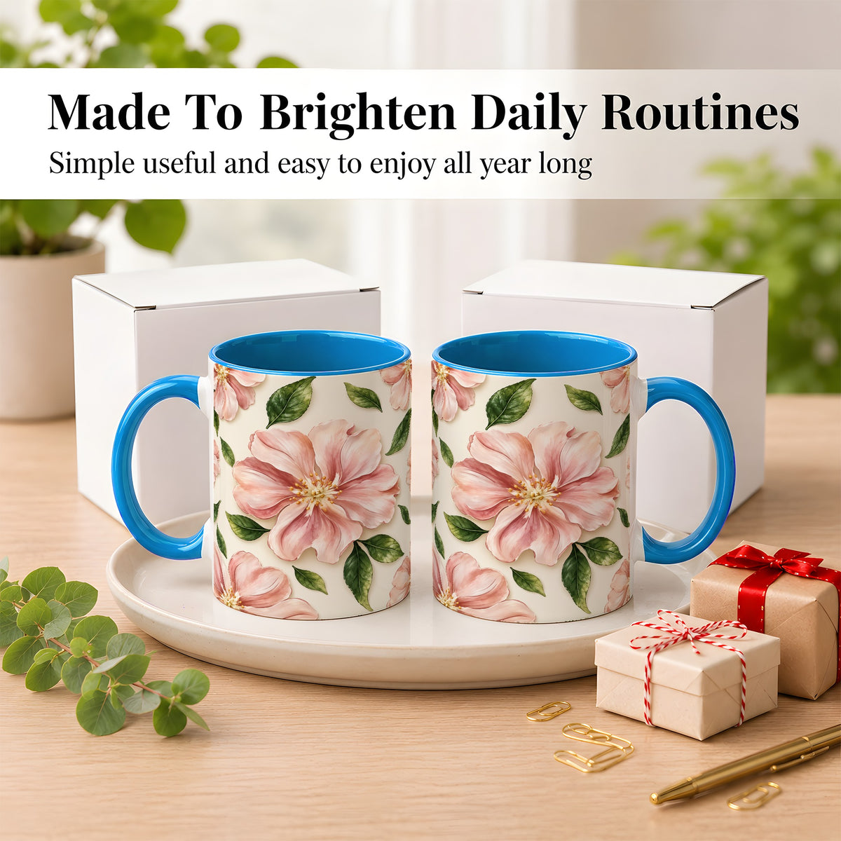 #pl[11oz|Blue] Pink Floral Coffee Mug, Botanical Blossom Mug, Ceramic Cup