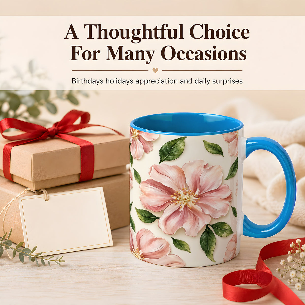 #pl[11oz|Blue] Pink Floral Coffee Mug, Botanical Blossom Mug, Ceramic Cup