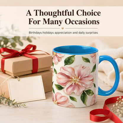 #pl[11oz|Blue] Pink Floral Coffee Mug, Botanical Blossom Mug, Ceramic Cup