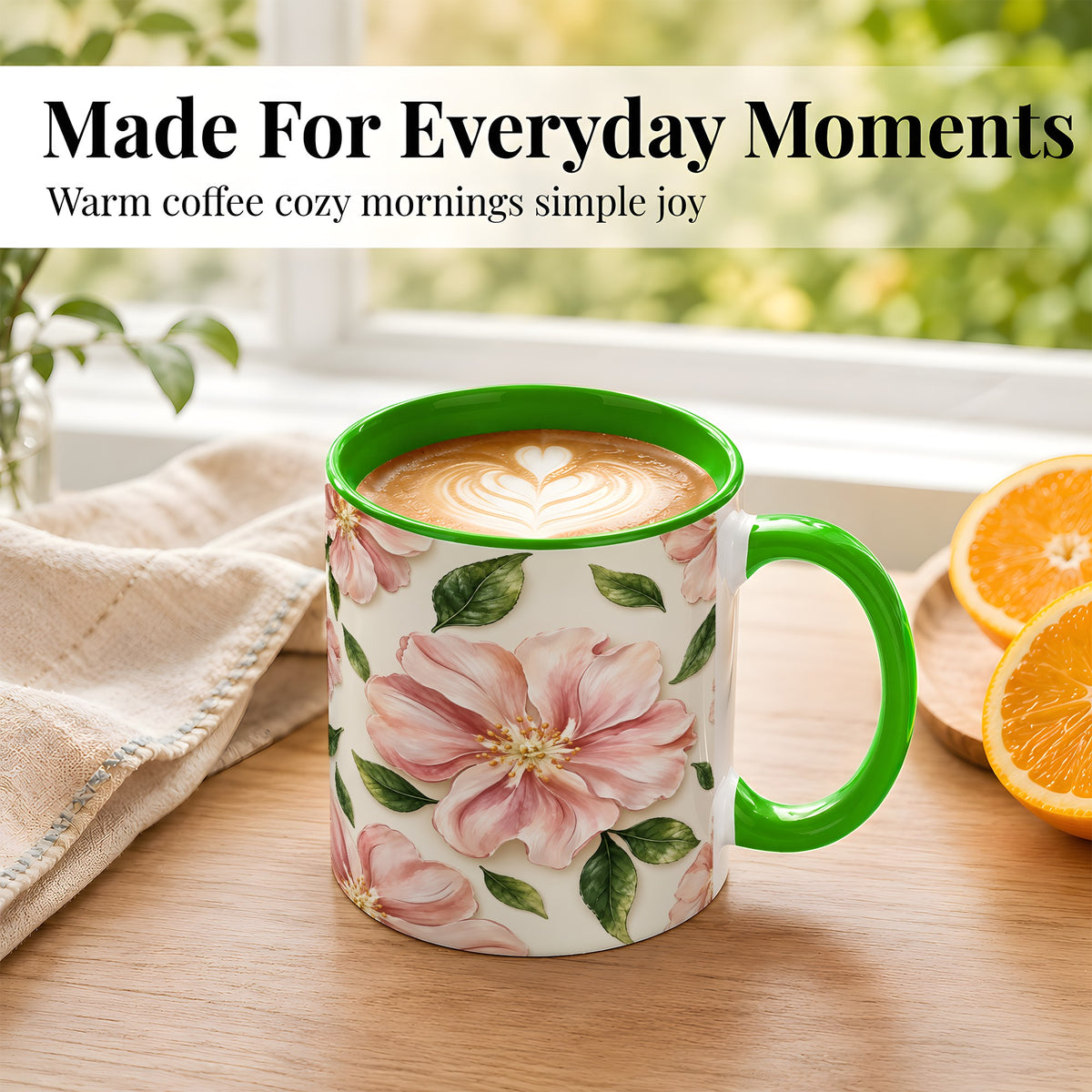 #pl[11oz|Green] Pink Floral Coffee Mug, Botanical Blossom Mug, Ceramic Cup