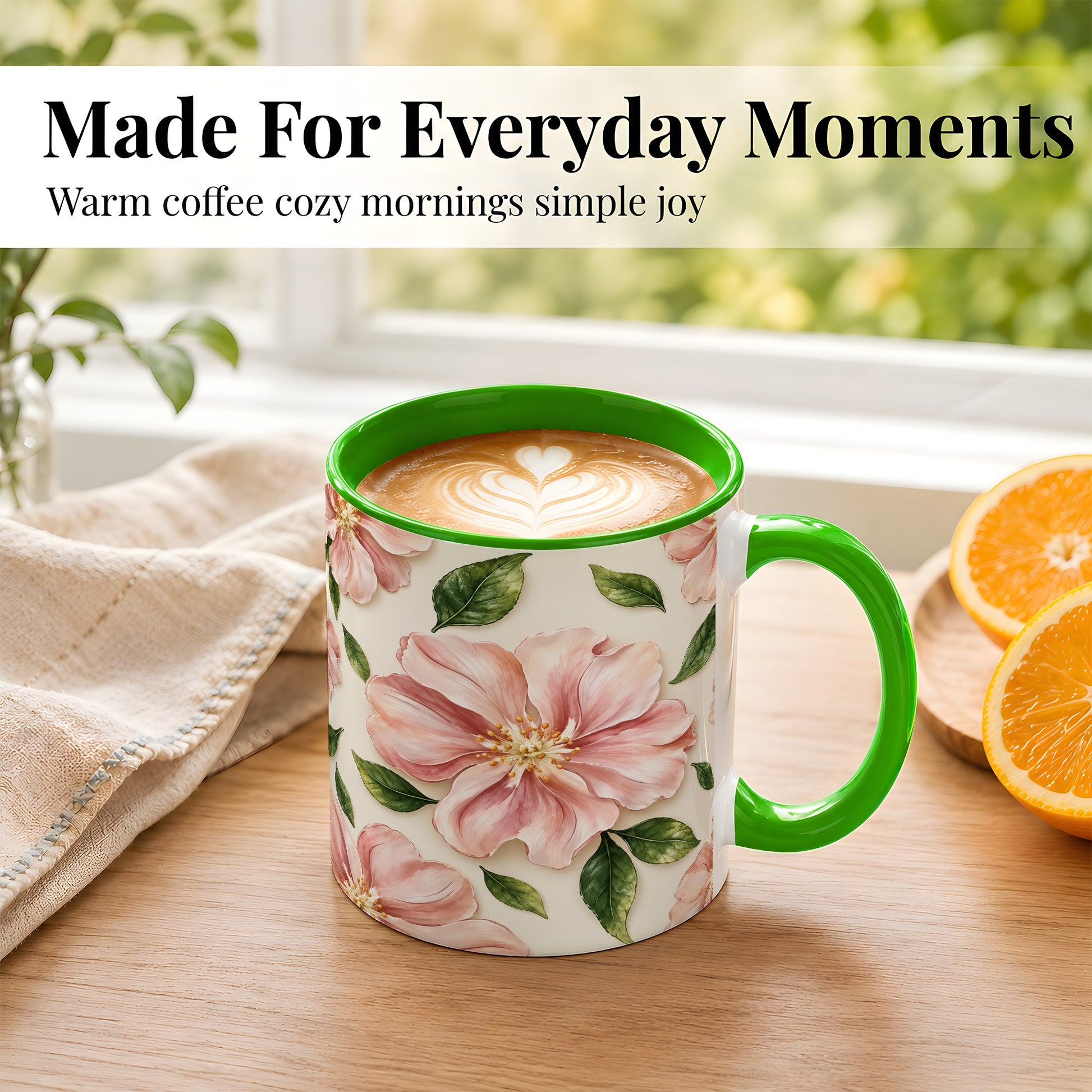 #pl[11oz|Green] Pink Floral Coffee Mug, Botanical Blossom Mug, Ceramic Cup