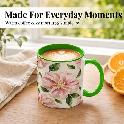 #pl[11oz|Green] Pink Floral Coffee Mug, Botanical Blossom Mug, Ceramic Cup