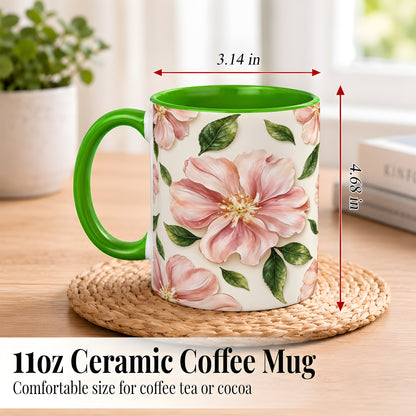 #pl[11oz|Green] Pink Floral Coffee Mug, Botanical Blossom Mug, Ceramic Cup