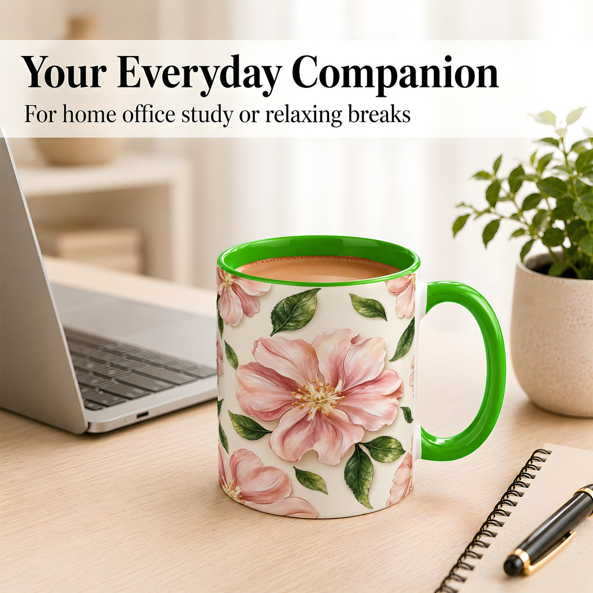 #pl[11oz|Green] Pink Floral Coffee Mug, Botanical Blossom Mug, Ceramic Cup