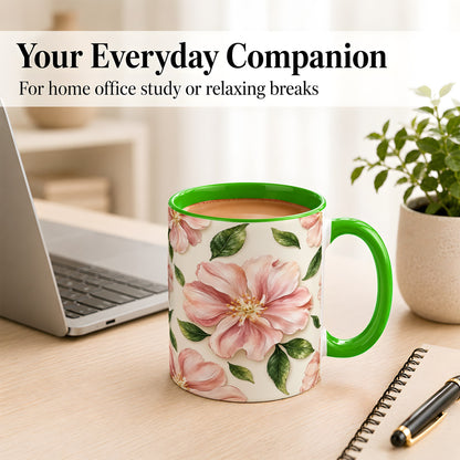 #pl[11oz|Green] Pink Floral Coffee Mug, Botanical Blossom Mug, Ceramic Cup
