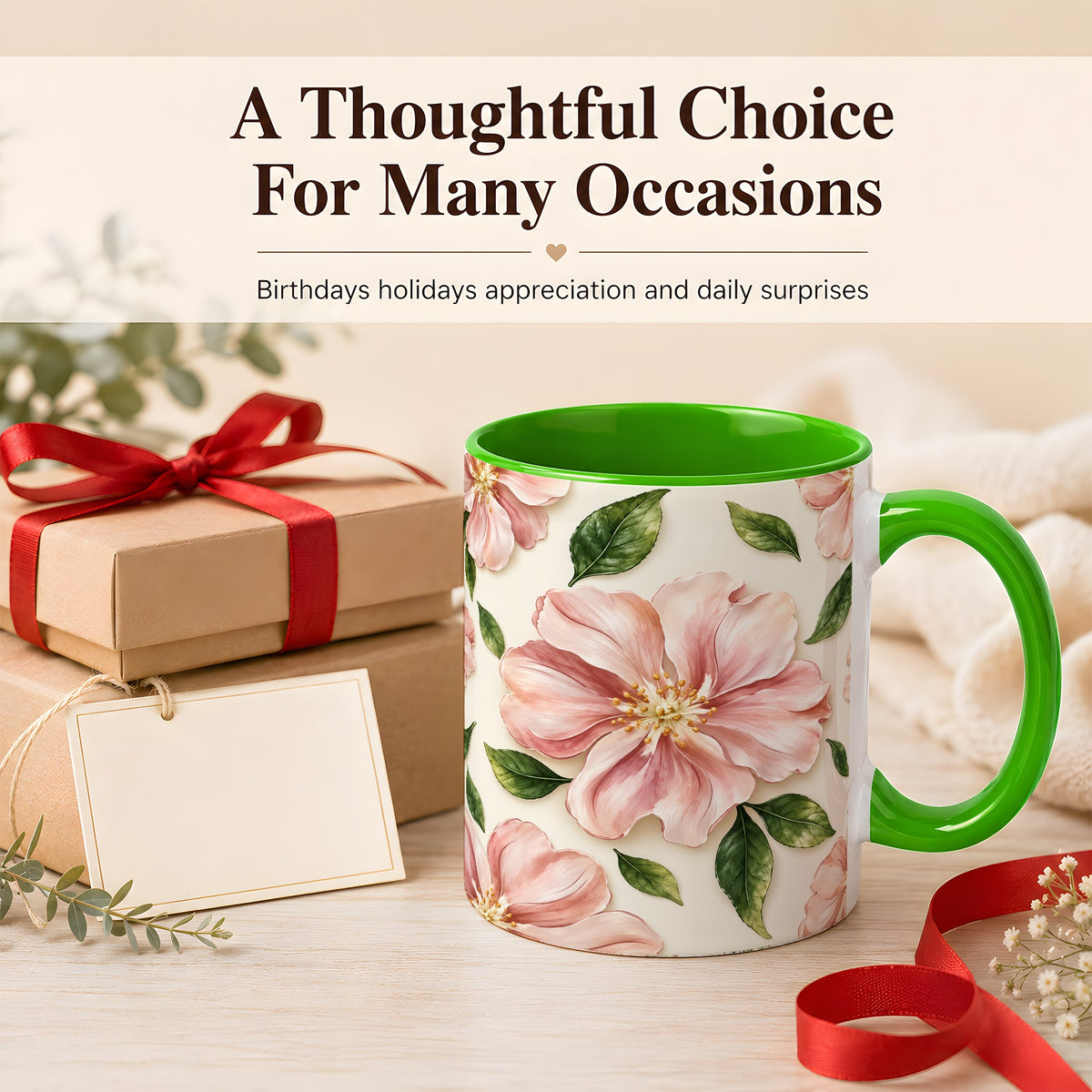 #pl[11oz|Green] Pink Floral Coffee Mug, Botanical Blossom Mug, Ceramic Cup