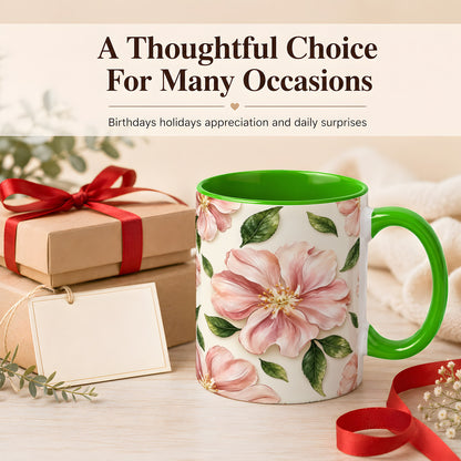#pl[11oz|Green] Pink Floral Coffee Mug, Botanical Blossom Mug, Ceramic Cup