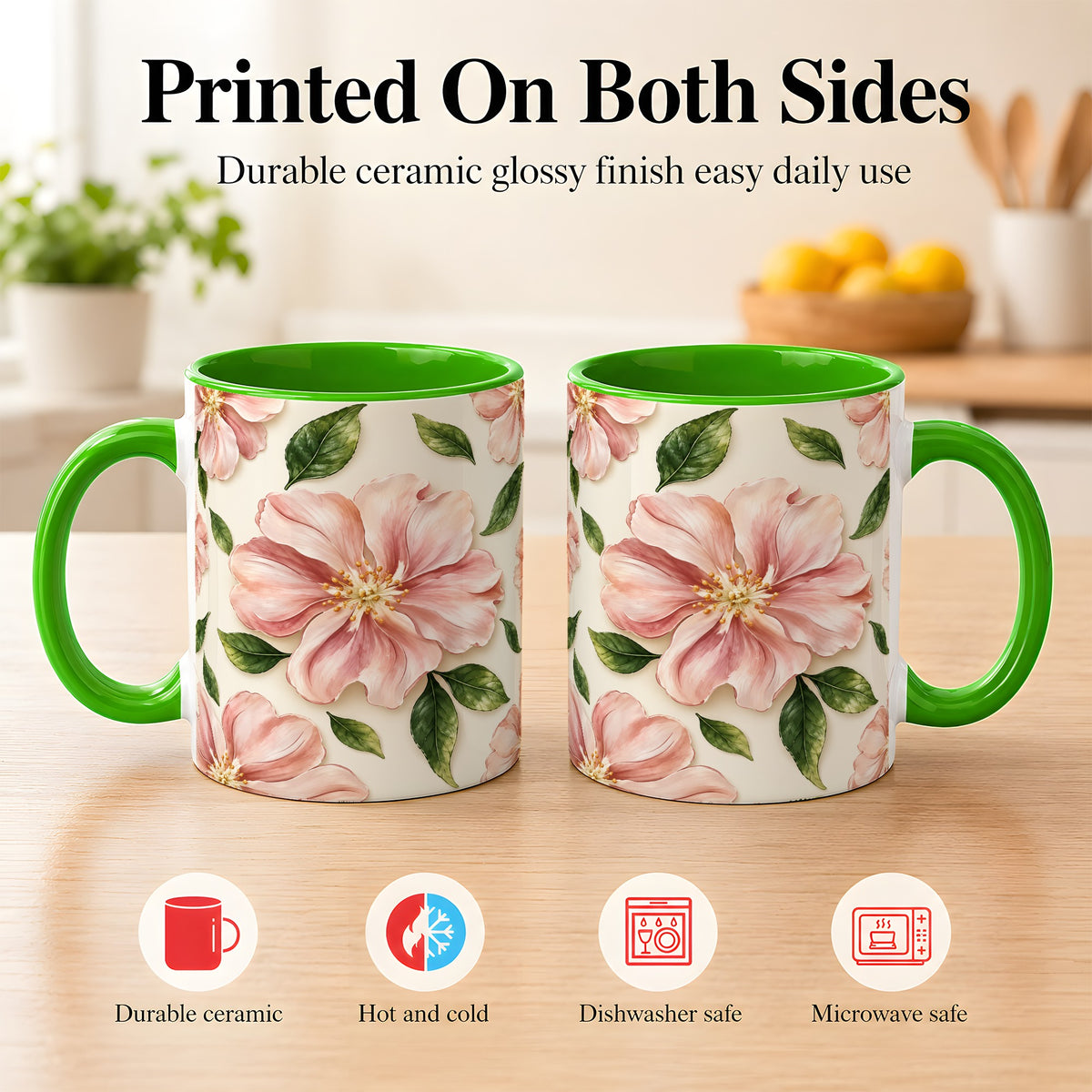 #pl[11oz|Green] Pink Floral Coffee Mug, Botanical Blossom Mug, Ceramic Cup