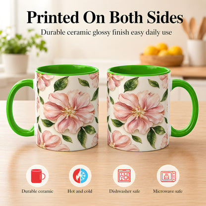 #pl[11oz|Green] Pink Floral Coffee Mug, Botanical Blossom Mug, Ceramic Cup