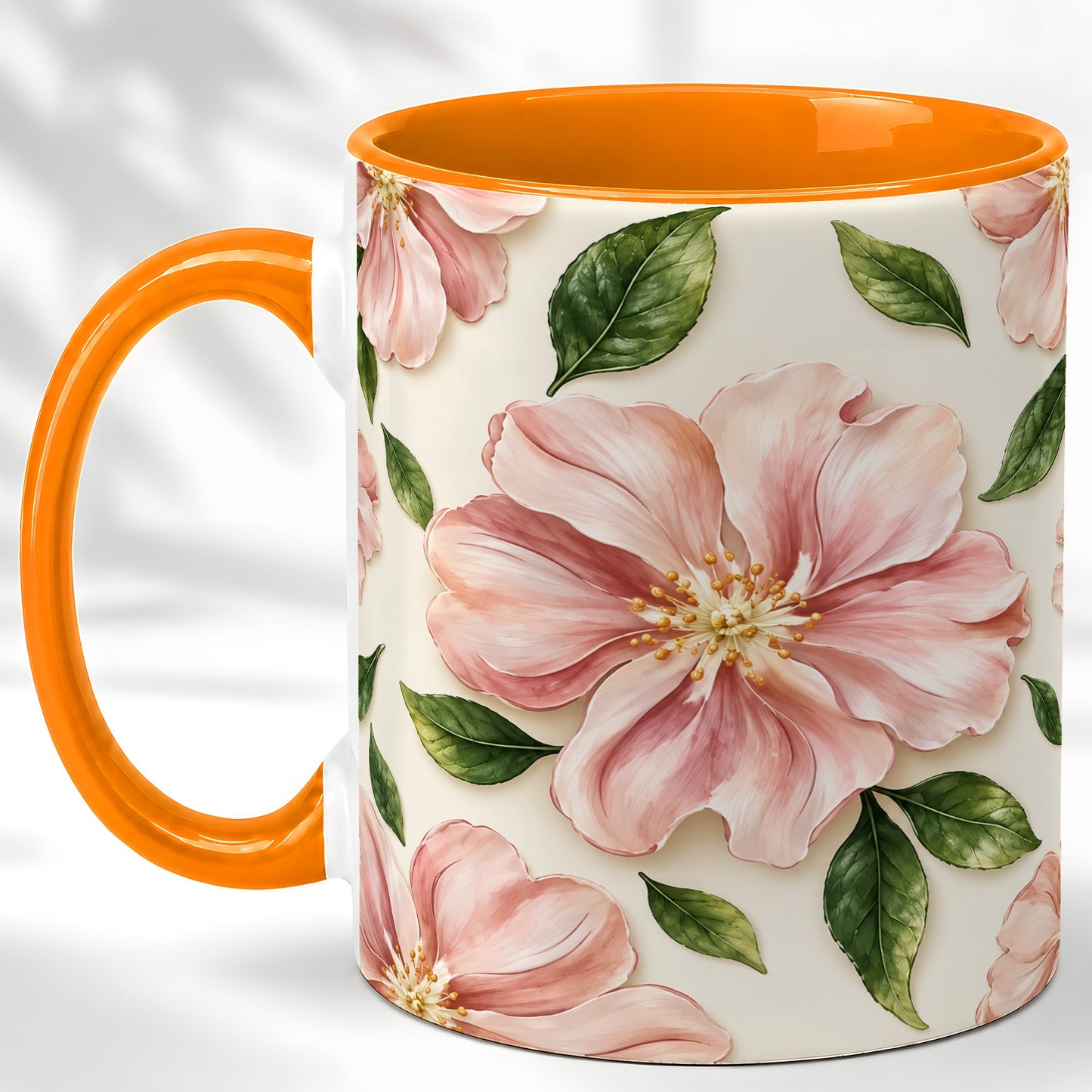 #pl[11oz|Orange] Pink Floral Coffee Mug, Botanical Blossom Mug, Ceramic Cup
