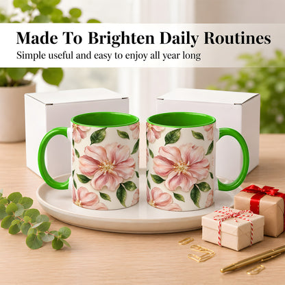 #pl[11oz|Green] Pink Floral Coffee Mug, Botanical Blossom Mug, Ceramic Cup
