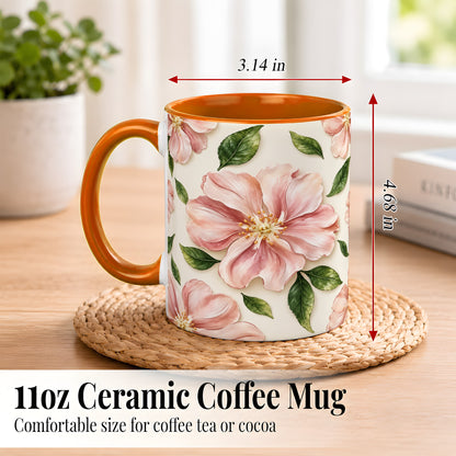 #pl[11oz|Orange] Pink Floral Coffee Mug, Botanical Blossom Mug, Ceramic Cup