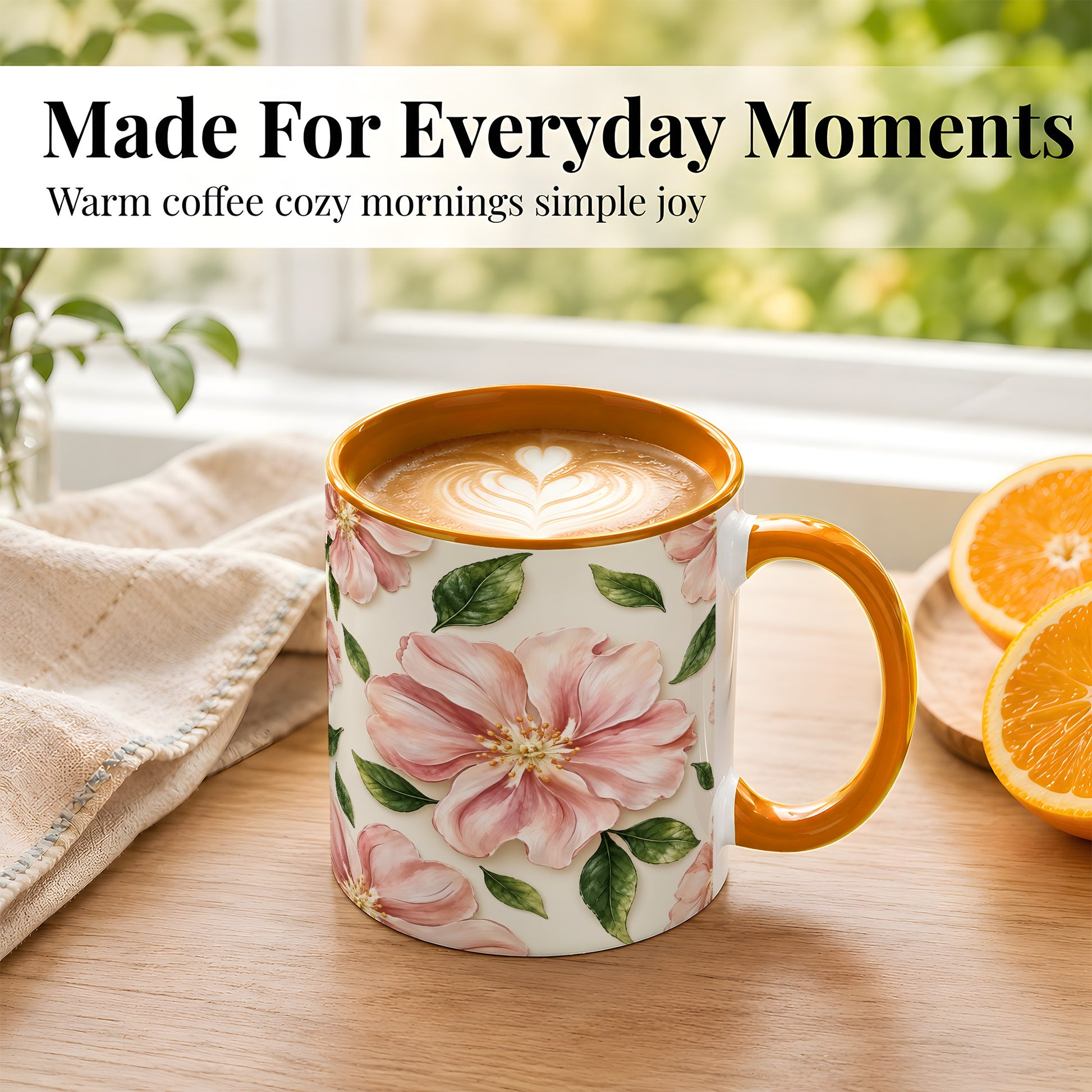 #pl[11oz|Orange] Pink Floral Coffee Mug, Botanical Blossom Mug, Ceramic Cup