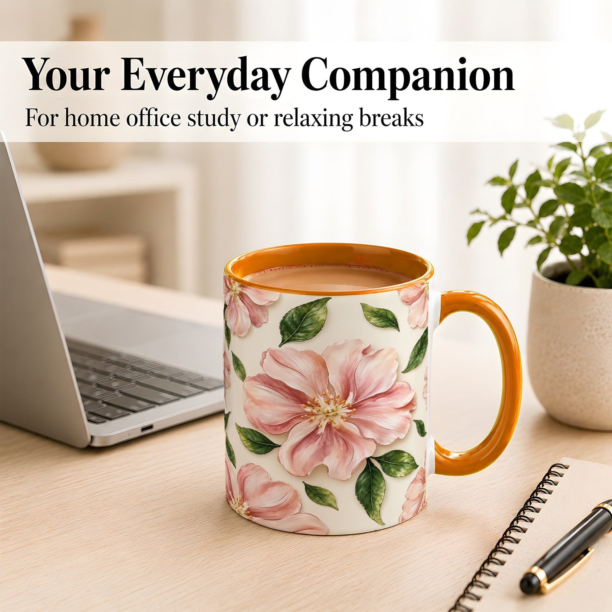 #pl[11oz|Orange] Pink Floral Coffee Mug, Botanical Blossom Mug, Ceramic Cup