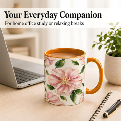 #pl[11oz|Orange] Pink Floral Coffee Mug, Botanical Blossom Mug, Ceramic Cup