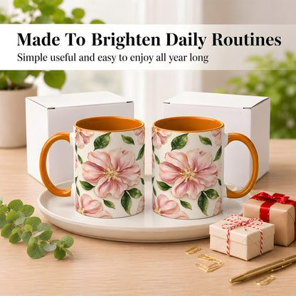 #pl[11oz|Orange] Pink Floral Coffee Mug, Botanical Blossom Mug, Ceramic Cup