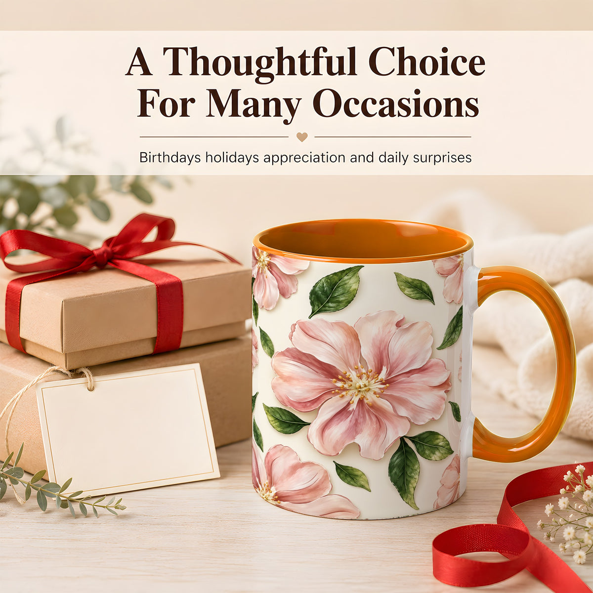 #pl[11oz|Orange] Pink Floral Coffee Mug, Botanical Blossom Mug, Ceramic Cup