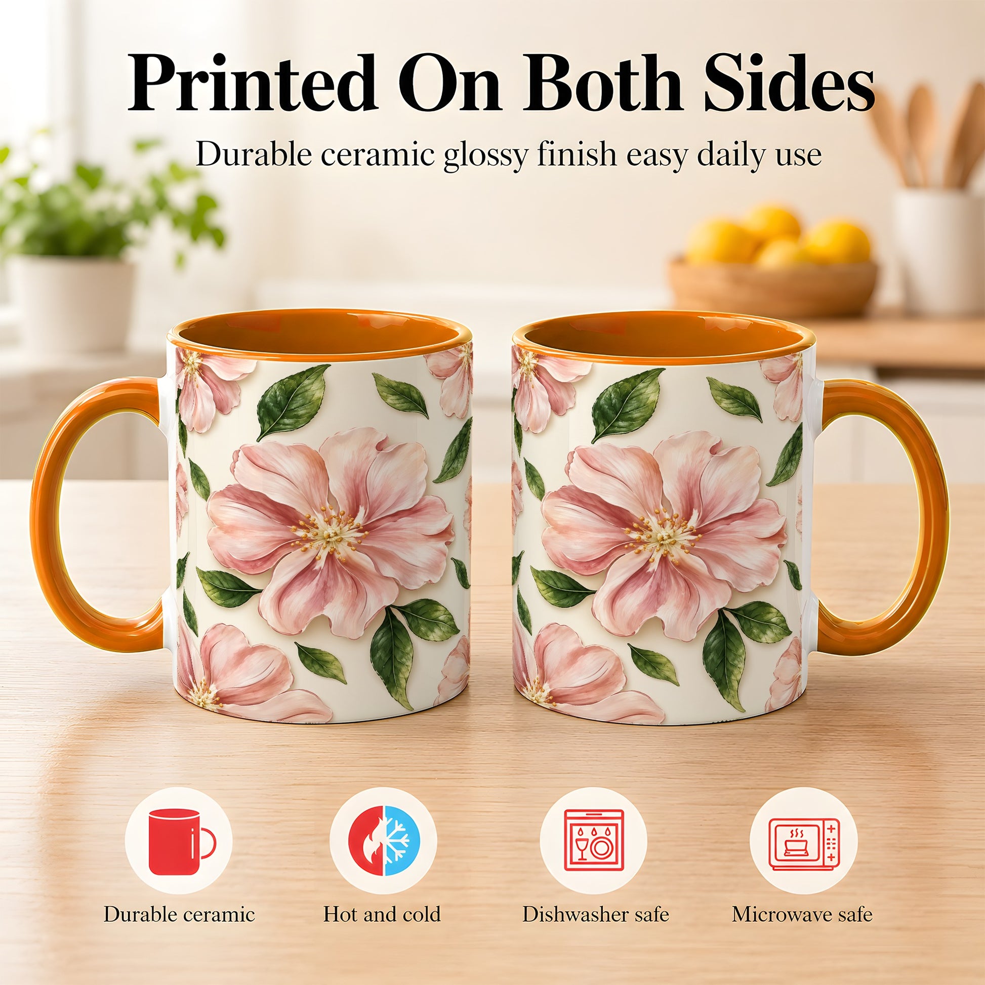 #pl[11oz|Orange] Pink Floral Coffee Mug, Botanical Blossom Mug, Ceramic Cup