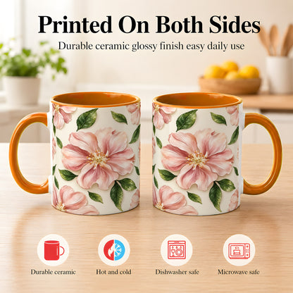 #pl[11oz|Orange] Pink Floral Coffee Mug, Botanical Blossom Mug, Ceramic Cup