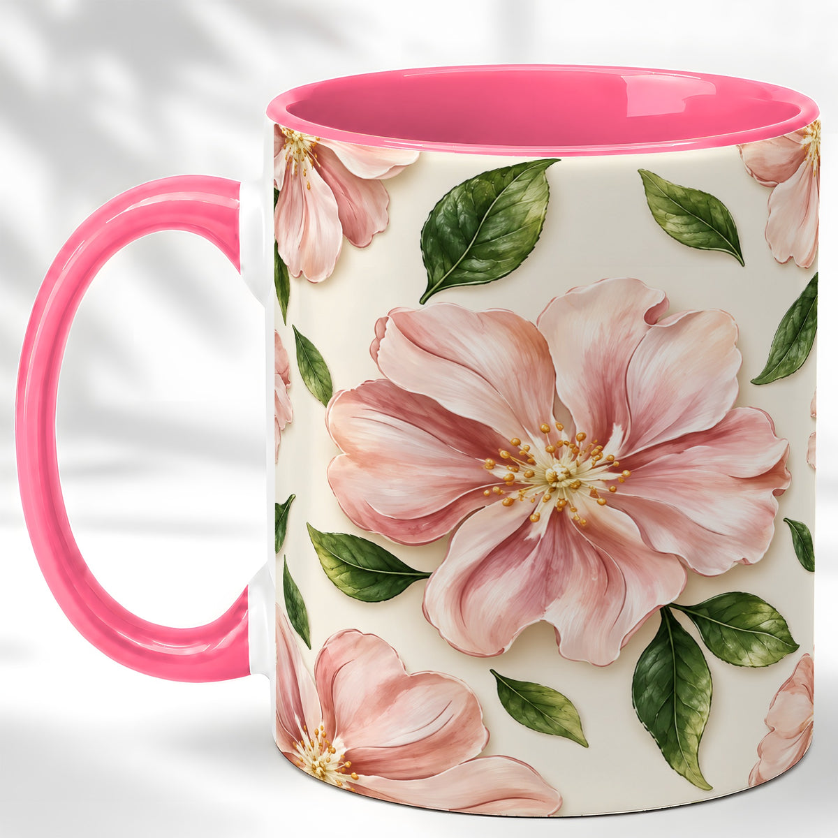 #pl[11oz|Pink] Pink Floral Coffee Mug, Botanical Blossom Mug, Ceramic Cup