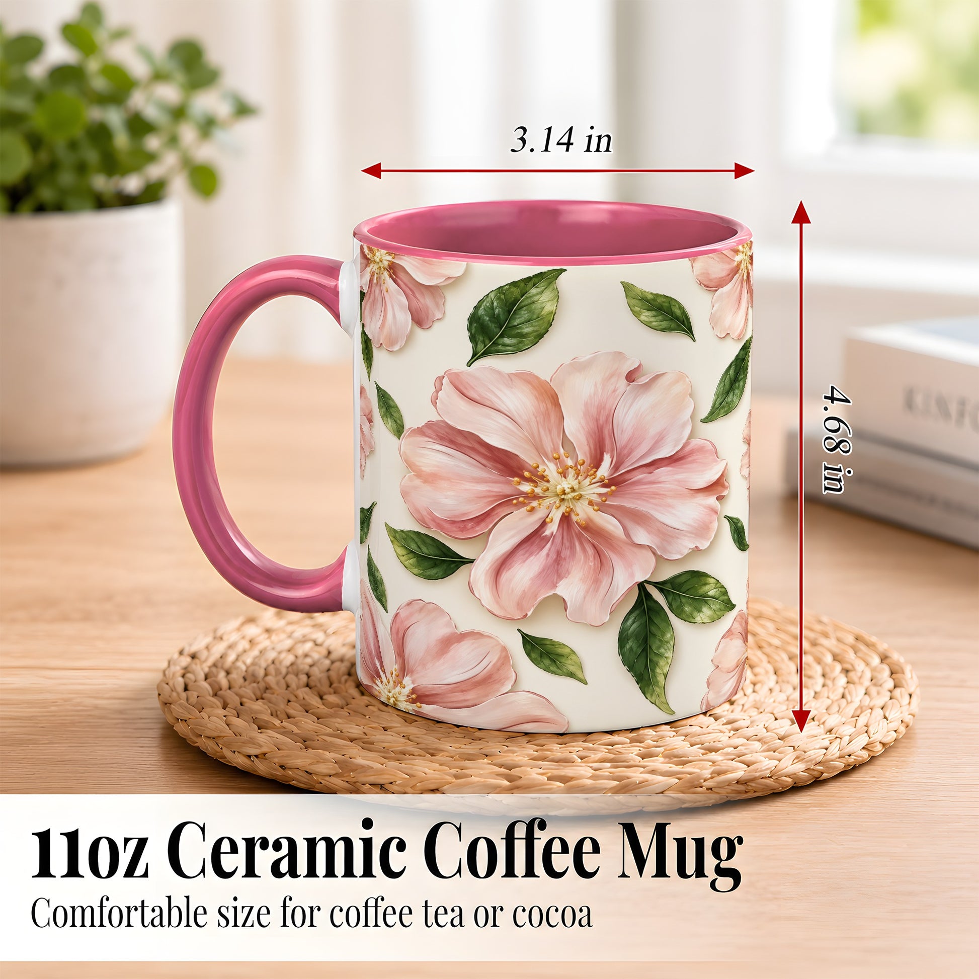 #pl[11oz|Pink] Pink Floral Coffee Mug, Botanical Blossom Mug, Ceramic Cup