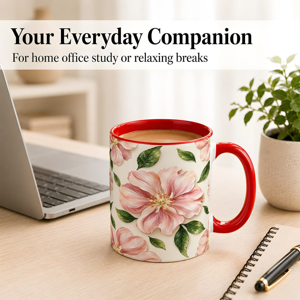 #pl[11oz|Red] Pink Floral Coffee Mug, Botanical Blossom Mug, Ceramic Cup