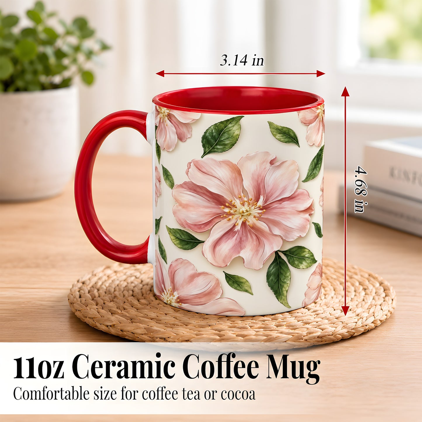 #pl[11oz|Red] Pink Floral Coffee Mug, Botanical Blossom Mug, Ceramic Cup
