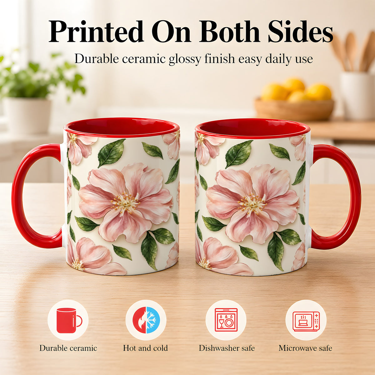 #pl[11oz|Red] Pink Floral Coffee Mug, Botanical Blossom Mug, Ceramic Cup