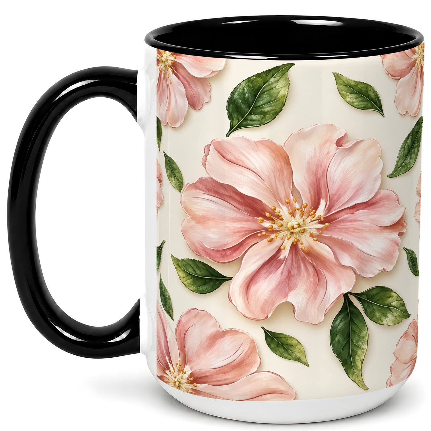 #pl[15oz|Black] Pink Floral Coffee Mug, Botanical Blossom Mug, Ceramic Cup