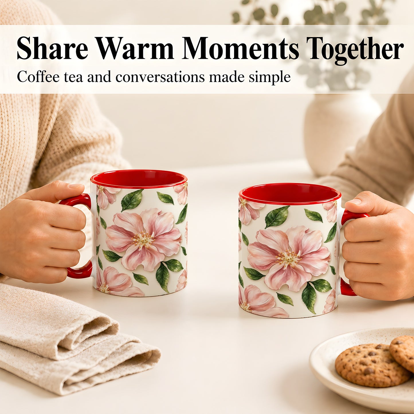 #pl[11oz|Red] Pink Floral Coffee Mug, Botanical Blossom Mug, Ceramic Cup