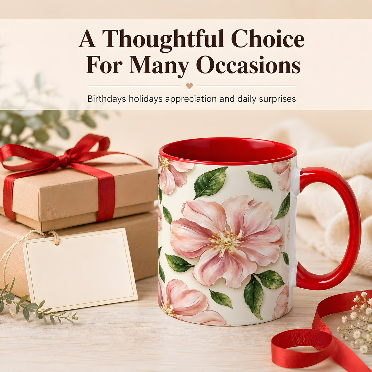 #pl[11oz|Red] Pink Floral Coffee Mug, Botanical Blossom Mug, Ceramic Cup