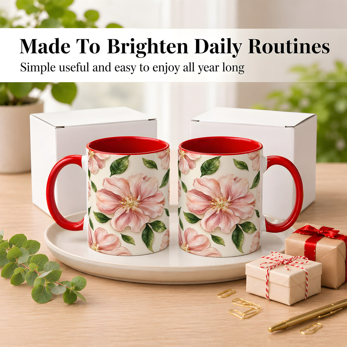#pl[11oz|Red] Pink Floral Coffee Mug, Botanical Blossom Mug, Ceramic Cup