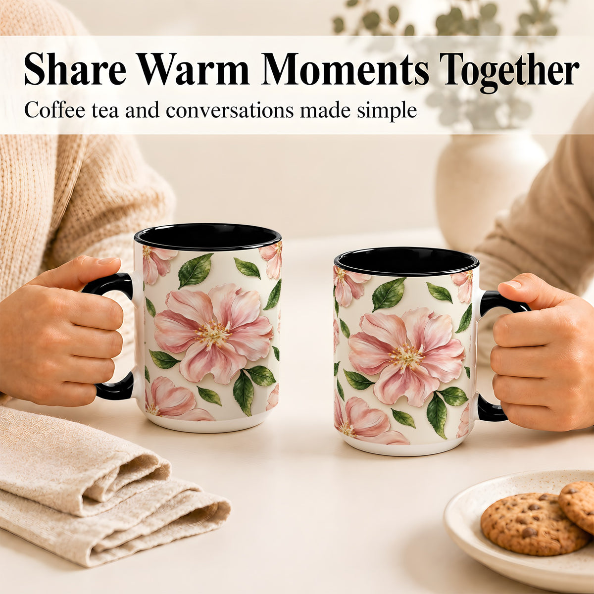 #pl[15oz|Black] Pink Floral Coffee Mug, Botanical Blossom Mug, Ceramic Cup