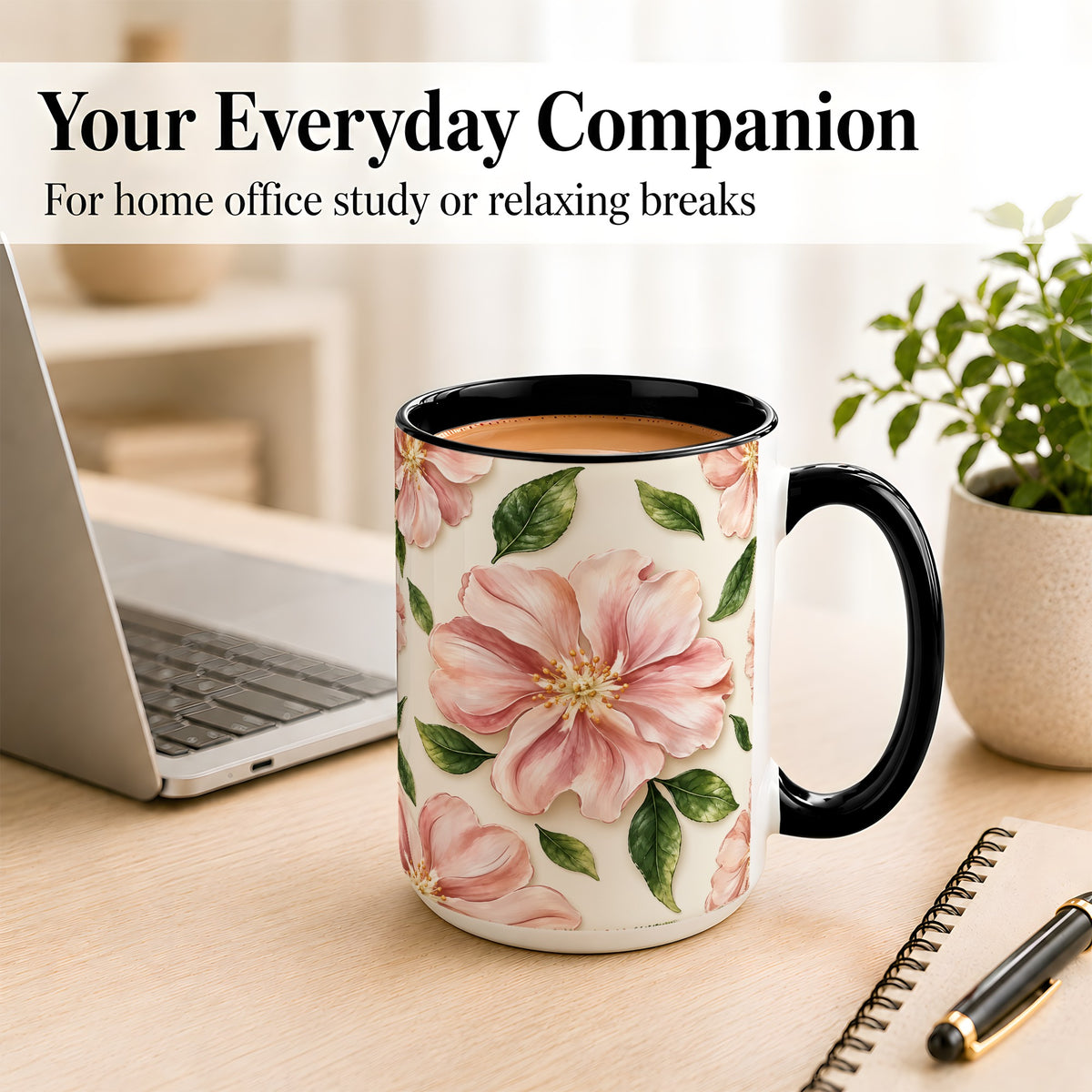#pl[15oz|Black] Pink Floral Coffee Mug, Botanical Blossom Mug, Ceramic Cup