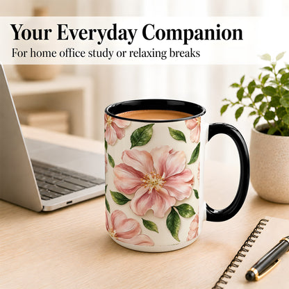 #pl[15oz|Black] Pink Floral Coffee Mug, Botanical Blossom Mug, Ceramic Cup