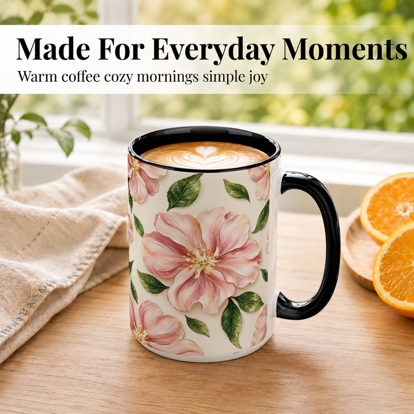 #pl[15oz|Black] Pink Floral Coffee Mug, Botanical Blossom Mug, Ceramic Cup
