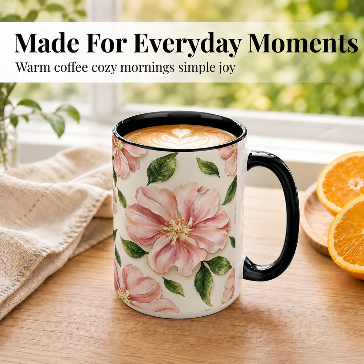 #pl[15oz|Black] Pink Floral Coffee Mug, Botanical Blossom Mug, Ceramic Cup