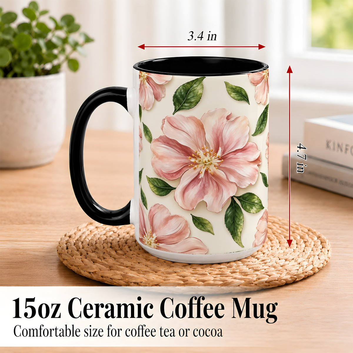 #pl[15oz|Black] Pink Floral Coffee Mug, Botanical Blossom Mug, Ceramic Cup