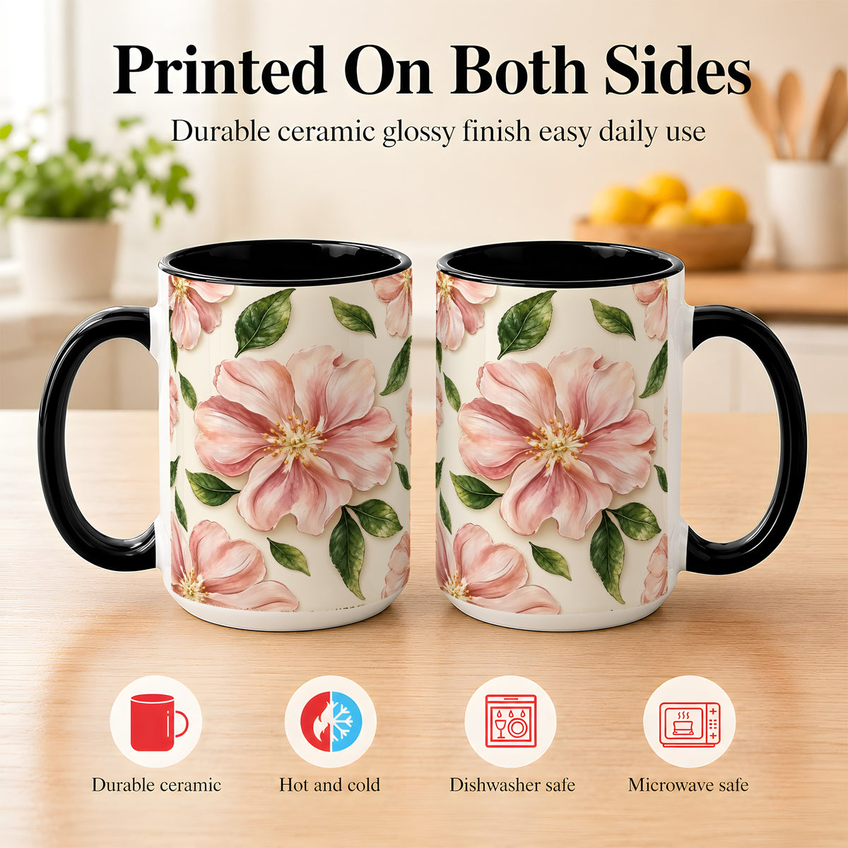 #pl[15oz|Black] Pink Floral Coffee Mug, Botanical Blossom Mug, Ceramic Cup