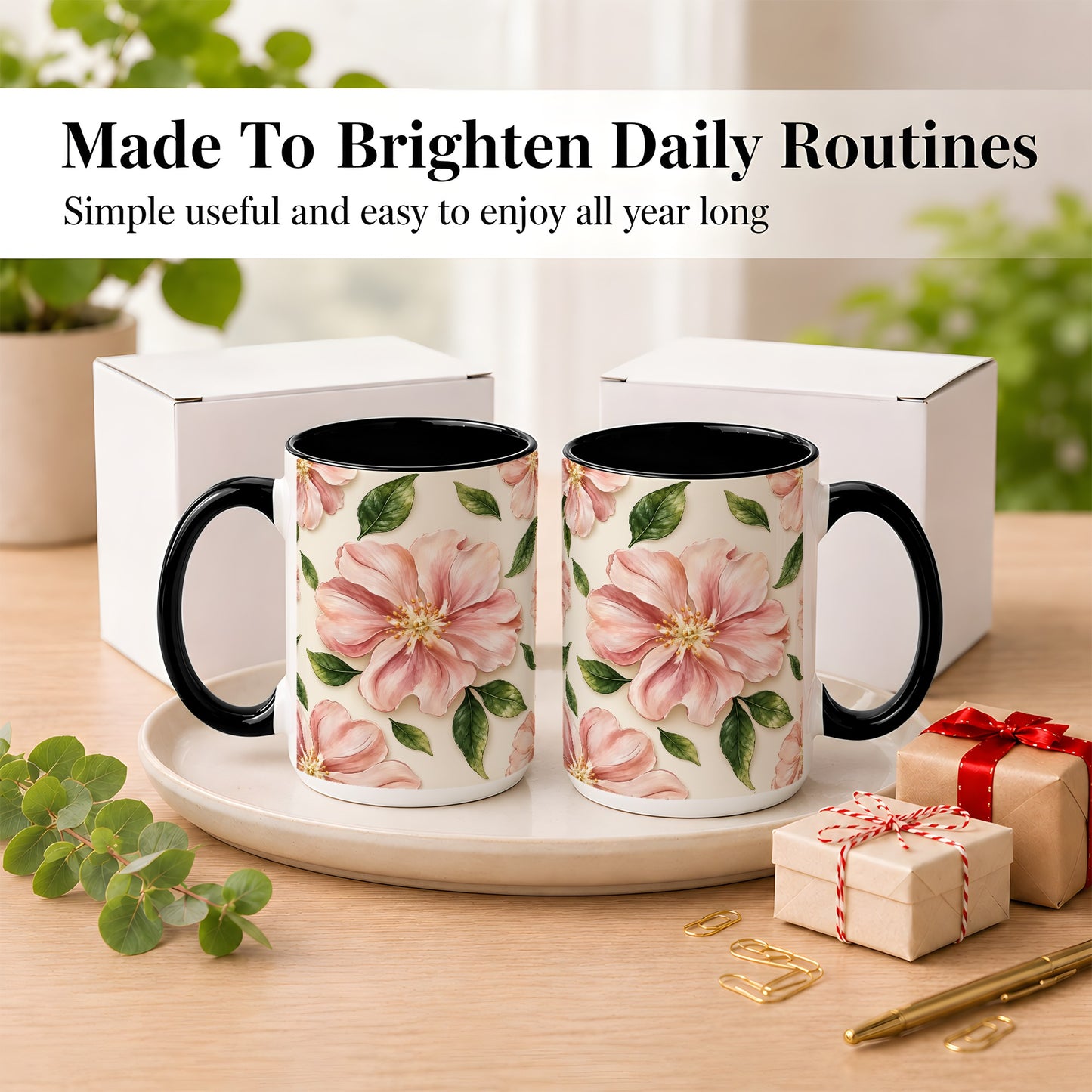 #pl[15oz|Black] Pink Floral Coffee Mug, Botanical Blossom Mug, Ceramic Cup