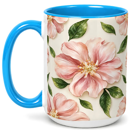#pl[15oz|Blue] Pink Floral Coffee Mug, Botanical Blossom Mug, Ceramic Cup