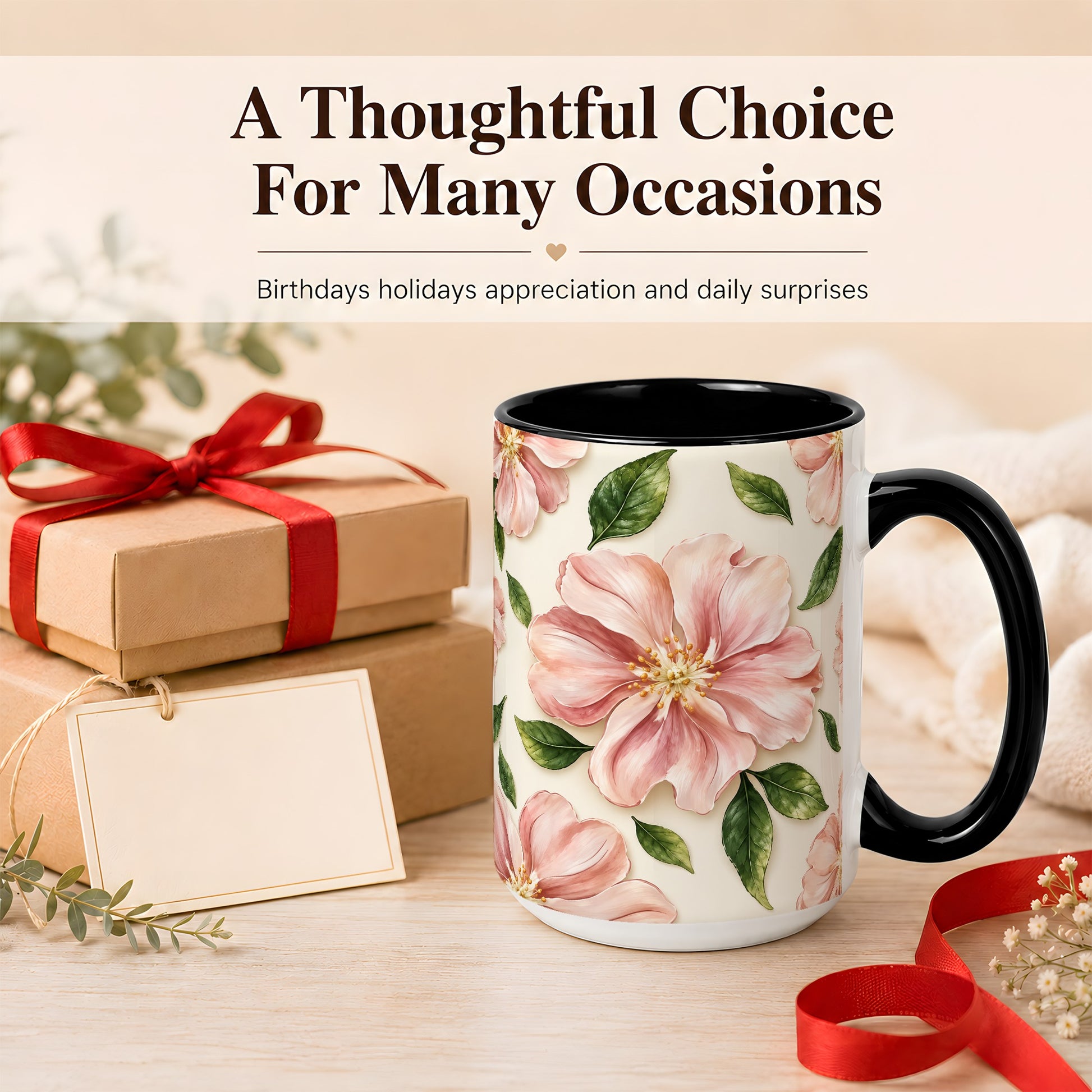 #pl[15oz|Black] Pink Floral Coffee Mug, Botanical Blossom Mug, Ceramic Cup
