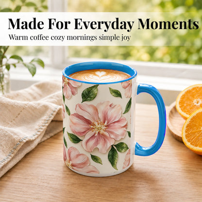 #pl[15oz|Blue] Pink Floral Coffee Mug, Botanical Blossom Mug, Ceramic Cup