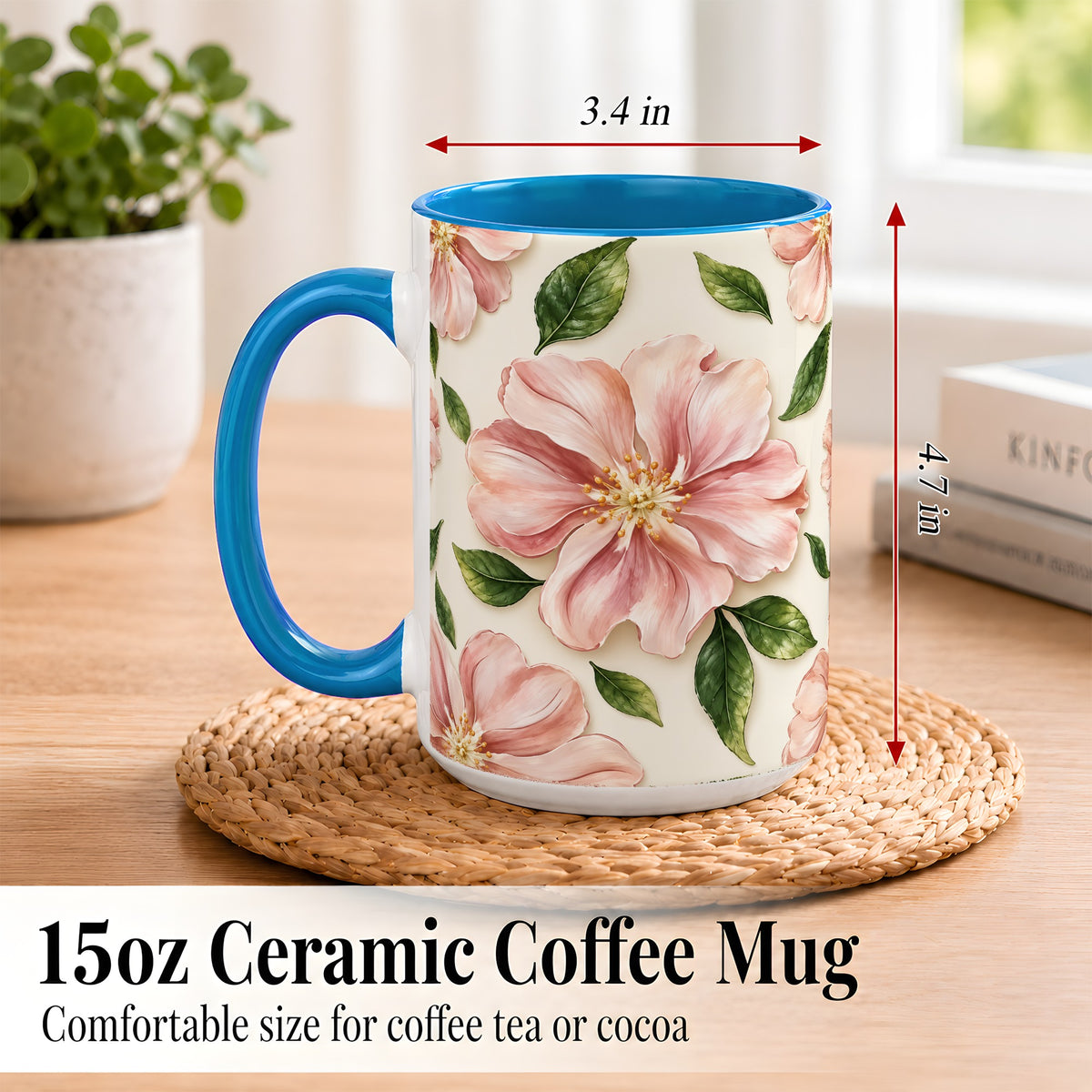 #pl[15oz|Blue] Pink Floral Coffee Mug, Botanical Blossom Mug, Ceramic Cup