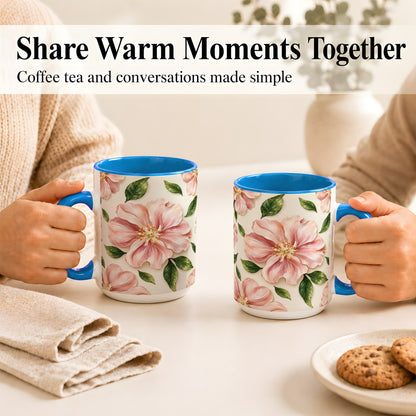 #pl[15oz|Blue] Pink Floral Coffee Mug, Botanical Blossom Mug, Ceramic Cup