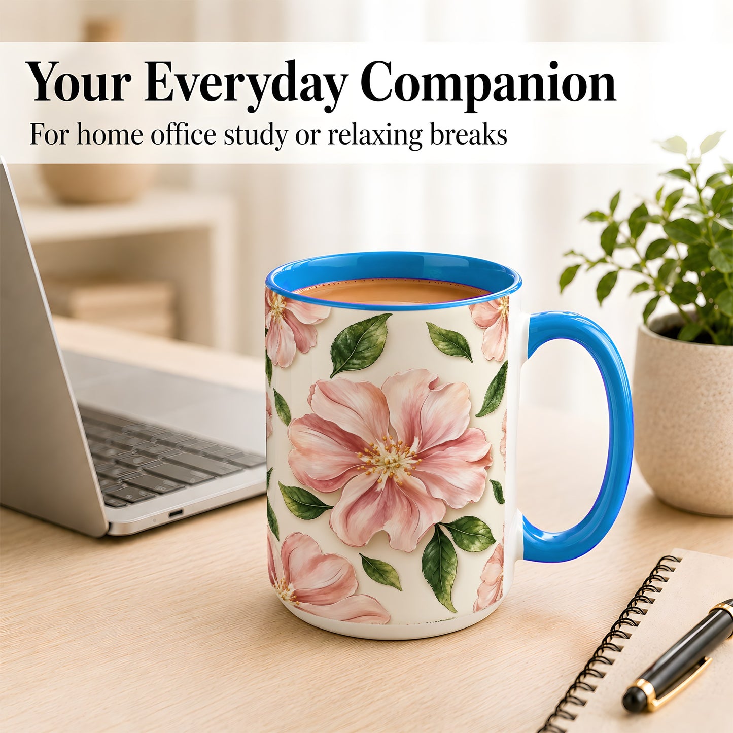 #pl[15oz|Blue] Pink Floral Coffee Mug, Botanical Blossom Mug, Ceramic Cup
