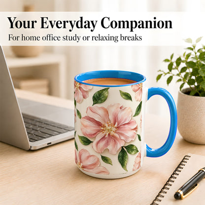 #pl[15oz|Blue] Pink Floral Coffee Mug, Botanical Blossom Mug, Ceramic Cup