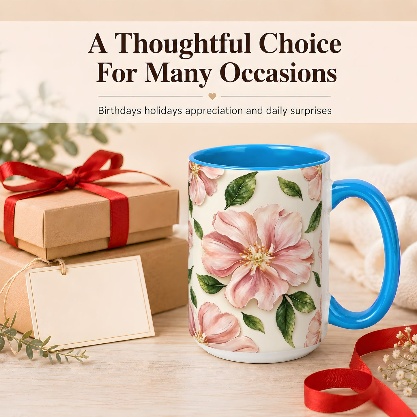 #pl[15oz|Blue] Pink Floral Coffee Mug, Botanical Blossom Mug, Ceramic Cup